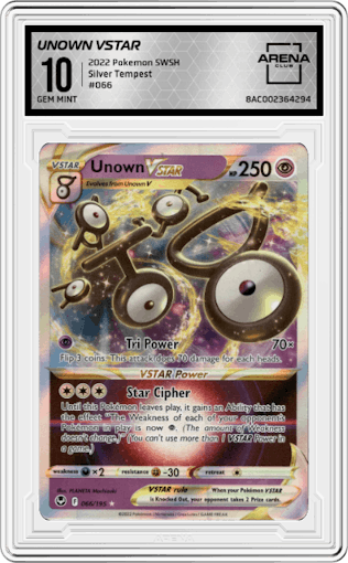 Unown VSTAR from the 2022 Pokemon SWSH set graded by Arena Club and given an overall grade of 10.