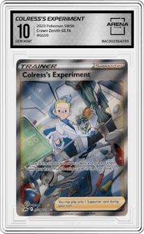 Colress's Experiment from the 2023 Pokemon SWSH set graded by Arena Club and given an overall grade of 10.