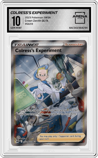 Colress's Experiment from the 2023 Pokemon SWSH set graded by Arena Club and given an overall grade of 10.