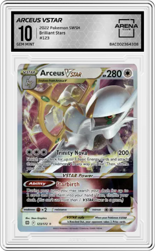 Arceus VSTAR from the 2022 Pokemon SWSH set graded by Arena Club and given an overall grade of 10.