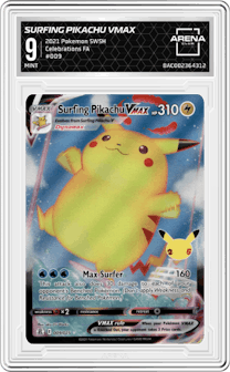 Surfing Pikachu VMAX from the 2021 Pokemon SWSH set graded by Arena Club and given an overall grade of 9.