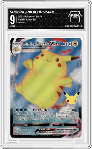 Surfing Pikachu VMAX from the 2021 Pokemon SWSH set graded by Arena Club and given an overall grade of 9.