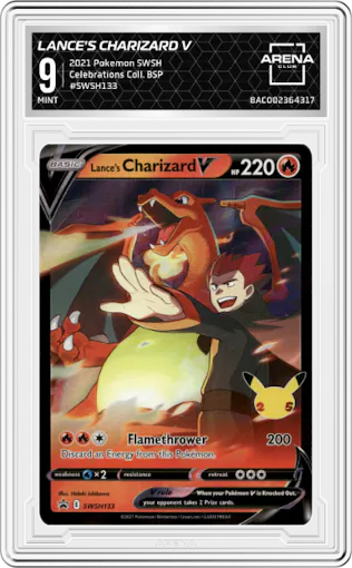 Lance's Charizard V from the 2021 Pokemon SWSH set featuring a Lance's Charizard V Celebrations Collection parallel graded by Arena Club and given an overall grade of 9.