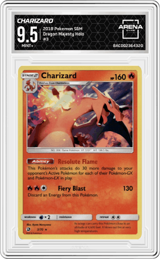 Charizard from the 2018 Pokemon S&M  set graded by Arena Club and given an overall grade of 9.5.