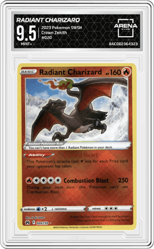Radiant Charizard from the 2023 Pokemon SWSH set graded by Arena Club and given an overall grade of 9.5.