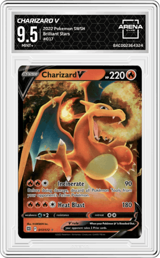 Charizard V  from the 2022 Pokemon SWSH set graded by Arena Club and given an overall grade of 9.5.