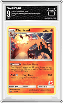 Charizard from the 2018 Pokemon S&M  set featuring a Battle Academy Excl. parallel graded by Arena Club and given an overall grade of 9.