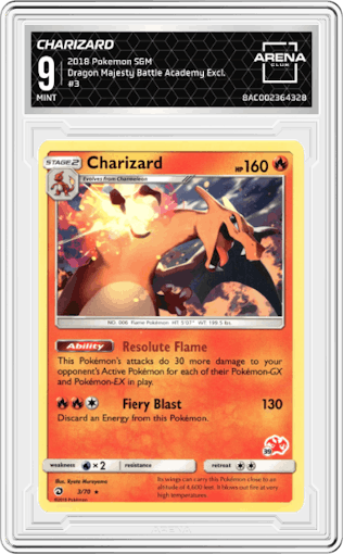 Charizard from the 2018 Pokemon S&M  set featuring a Battle Academy Excl. parallel graded by Arena Club and given an overall grade of 9.