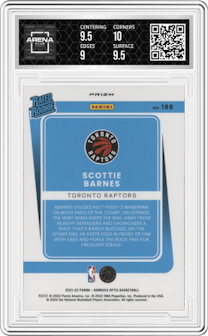 Scottie Barnes from the 2021-22 Panini Donruss Optic set featuring a Purple parallel graded by Arena Club and given an overall grade of 9.5.