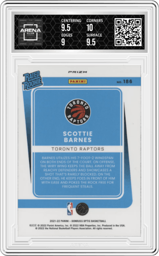 Scottie Barnes from the 2021-22 Panini Donruss Optic set featuring a Purple parallel graded by Arena Club and given an overall grade of 9.5.