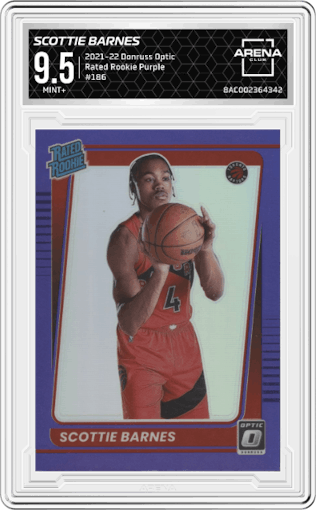 Scottie Barnes from the 2021-22 Panini Donruss Optic set featuring a Purple parallel graded by Arena Club and given an overall grade of 9.5.