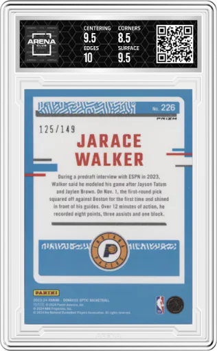 Jarace Walker from the 2023-24 Donruss Optic set featuring a Lime Green parallel graded by Arena Club and given an overall grade of 9.