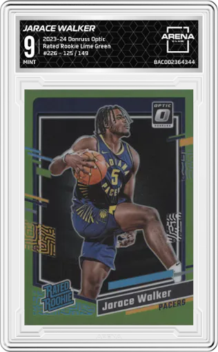 Jarace Walker from the 2023-24 Donruss Optic set featuring a Lime Green parallel graded by Arena Club and given an overall grade of 9.