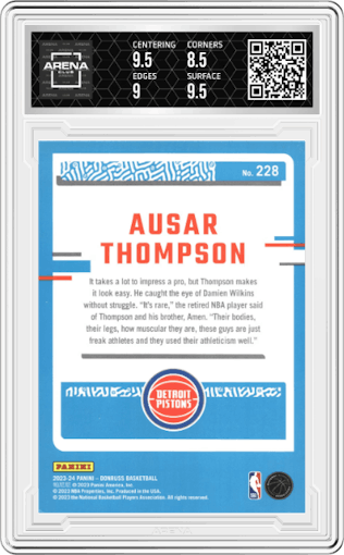 Ausar Thompson from the 2023-24 Panini Donruss set featuring a Red parallel graded by Arena Club and given an overall grade of 9.