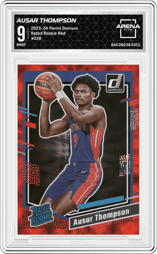 Ausar Thompson from the 2023-24 Panini Donruss set featuring a Red parallel graded by Arena Club and given an overall grade of 9.