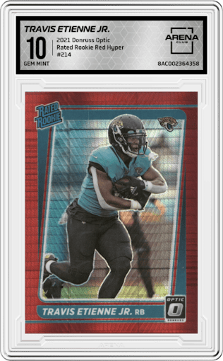Travis Etienne Jr. from the 2021 Panini Donruss Optic set featuring a Red Hyper parallel graded by Arena Club and given an overall grade of 10.