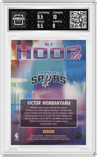 Victor Wembanyama from the 2023-24 Panini Hoops Premium Stock set graded by Arena Club and given an overall grade of 8.5.