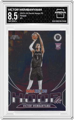 Victor Wembanyama from the 2023-24 Panini Hoops Premium Stock set graded by Arena Club and given an overall grade of 8.5.