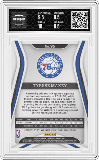 Tyrese Maxey from the 2020-21 Panini Certified set featuring a Asia Exclusive parallel graded by Arena Club and given an overall grade of 9.