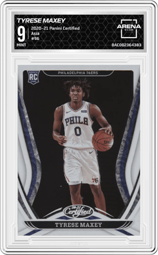 Tyrese Maxey from the 2020-21 Panini Certified set featuring a Asia Exclusive parallel graded by Arena Club and given an overall grade of 9.