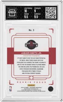 Jabari Smith Jr. from the 2022-23 Panini Photogenic set graded by Arena Club and given an overall grade of 9.5.