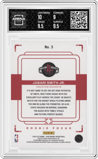 Jabari Smith Jr. from the 2022-23 Panini Photogenic set graded by Arena Club and given an overall grade of 9.5.