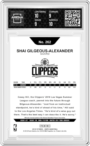 Shai Gilgeous-Alexander from the 2018-19 Panini NBA Hoops  set featuring a Winter parallel graded by Arena Club and given an overall grade of 9.5.