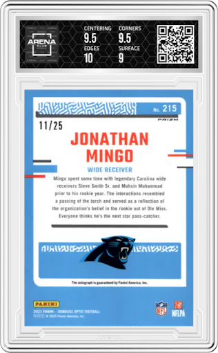 Jonathan Mingo from the 2023 Donruss Optic set featuring a Black Pandora parallel graded by Arena Club and given an overall grade of 9.5.