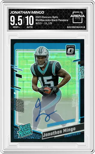 Jonathan Mingo from the 2023 Donruss Optic set featuring a Black Pandora parallel graded by Arena Club and given an overall grade of 9.5.
