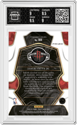 Jabari Smith Jr. from the 2022-23 Panini Select set featuring a Scope parallel graded by Arena Club and given an overall grade of 9.5.
