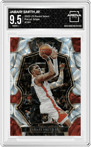 Jabari Smith Jr. from the 2022-23 Panini Select set featuring a Scope parallel graded by Arena Club and given an overall grade of 9.5.