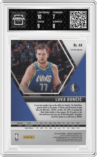 Luka Doncic from the 2019-20 Panini Mosaic  set featuring a Silver parallel graded by Arena Club and given an overall grade of 8.5.