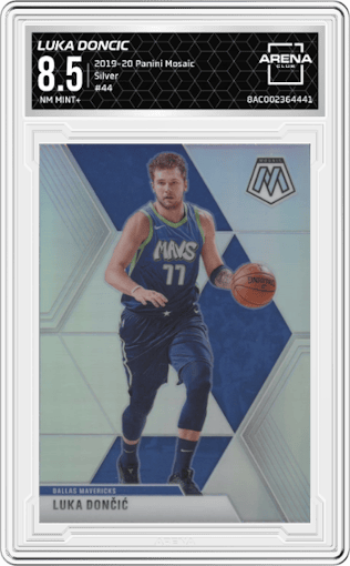 Luka Doncic from the 2019-20 Panini Mosaic  set featuring a Silver parallel graded by Arena Club and given an overall grade of 8.5.