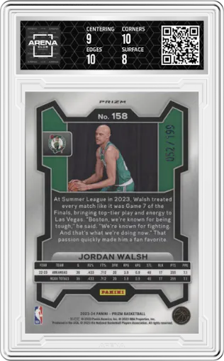 Jordan Walsh from the 2023-24 Panini Prizm set featuring a Blue Prizm parallel graded by Arena Club and given an overall grade of 8.5.