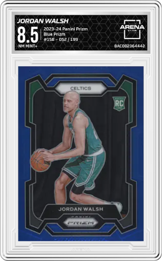 Jordan Walsh from the 2023-24 Panini Prizm set featuring a Blue Prizm parallel graded by Arena Club and given an overall grade of 8.5.