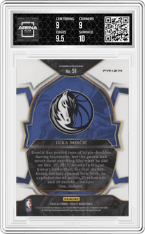Luka Doncic from the 2022-23 Panini Select set featuring a Silver Prizm parallel graded by Arena Club and given an overall grade of 9.5.