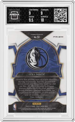 Luka Doncic from the 2022-23 Panini Select set featuring a Silver Prizm parallel graded by Arena Club and given an overall grade of 9.5.