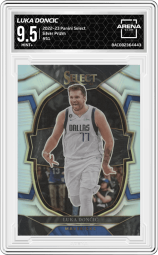 Luka Doncic from the 2022-23 Panini Select set featuring a Silver Prizm parallel graded by Arena Club and given an overall grade of 9.5.