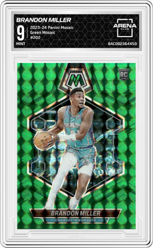 Brandon Miller from the 2023-24 Panini Mosaic set featuring a Green Mosaic parallel graded by Arena Club and given an overall grade of 9.