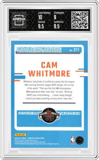 Cam Whitmore from the 2023-24 Panini Donruss set featuring a Red parallel graded by Arena Club and given an overall grade of 9.5.