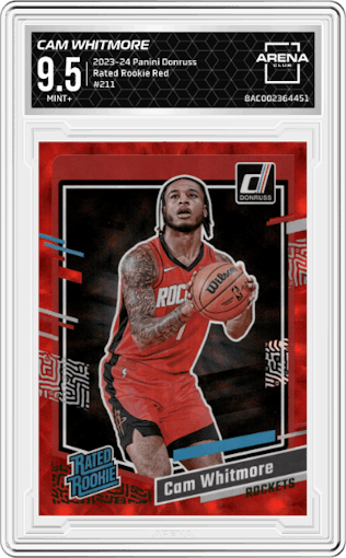 Cam Whitmore from the 2023-24 Panini Donruss set featuring a Red parallel graded by Arena Club and given an overall grade of 9.5.