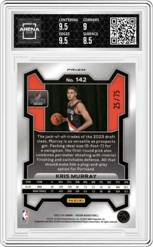 Kris Murray from the 2023-24 Panini Prizm set featuring a Fast Break Purple parallel graded by Arena Club and given an overall grade of 9.