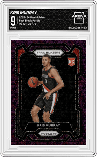 Kris Murray from the 2023-24 Panini Prizm set featuring a Fast Break Purple parallel graded by Arena Club and given an overall grade of 9.