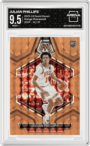Julian Phillips from the 2023-24 Panini Mosaic set featuring a Orange Fluorescent parallel graded by Arena Club and given an overall grade of 9.5.