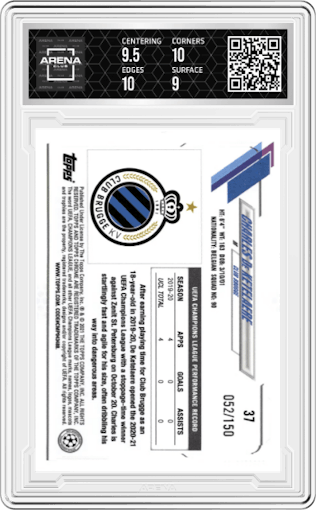 Charles De Ketelaere from the 2020-21 Topps Chrome UEFA Champions League set featuring a Blue Refractor parallel graded by Arena Club and given an overall grade of 9.5.