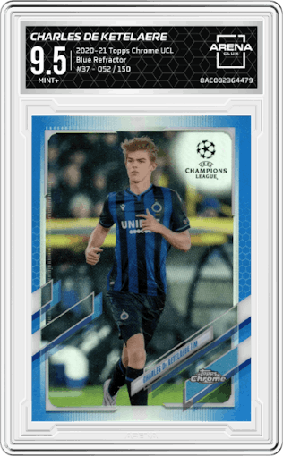 Charles De Ketelaere from the 2020-21 Topps Chrome UEFA Champions League set featuring a Blue Refractor parallel graded by Arena Club and given an overall grade of 9.5.