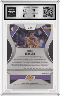 Magic Johnson from the 2019-20 Panini Prizm set featuring a Fast Break Red parallel graded by Arena Club and given an overall grade of 10.