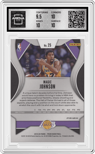 Magic Johnson from the 2019-20 Panini Prizm set featuring a Fast Break Red parallel graded by Arena Club and given an overall grade of 10.
