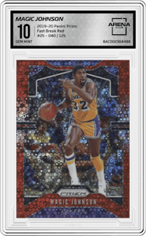 Magic Johnson from the 2019-20 Panini Prizm set featuring a Fast Break Red parallel graded by Arena Club and given an overall grade of 10.