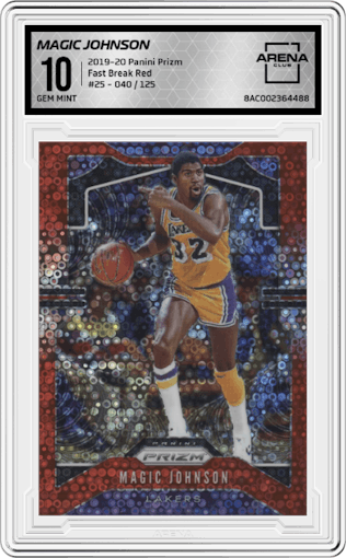 Magic Johnson from the 2019-20 Panini Prizm set featuring a Fast Break Red parallel graded by Arena Club and given an overall grade of 10.